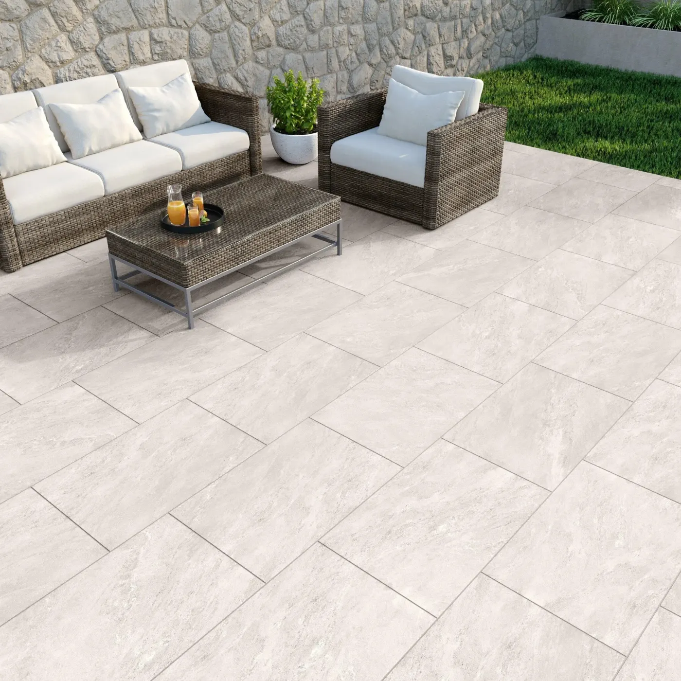 Large-format porcelain tiles on an outdoor patio